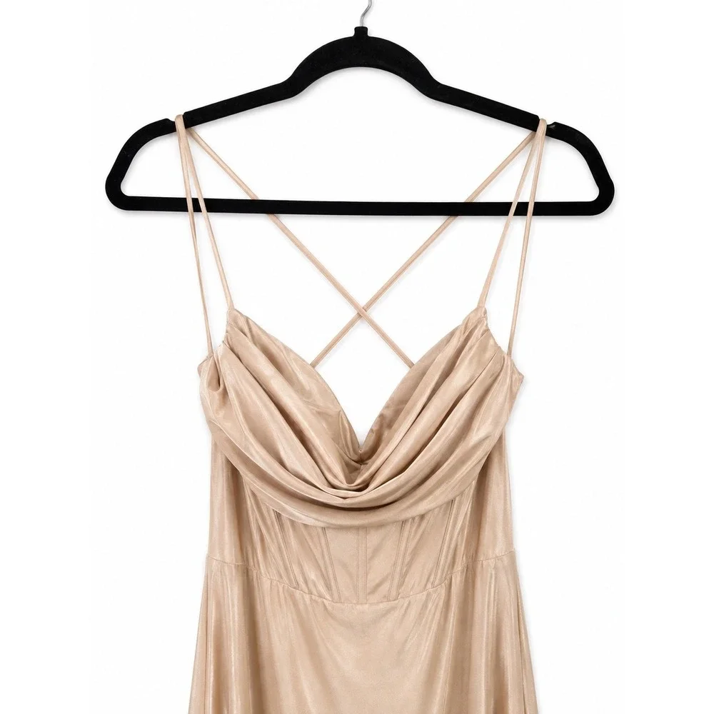 Windsor Champagne Satin Cowl Neck Corset Midi Dress M Cross Back Formal
